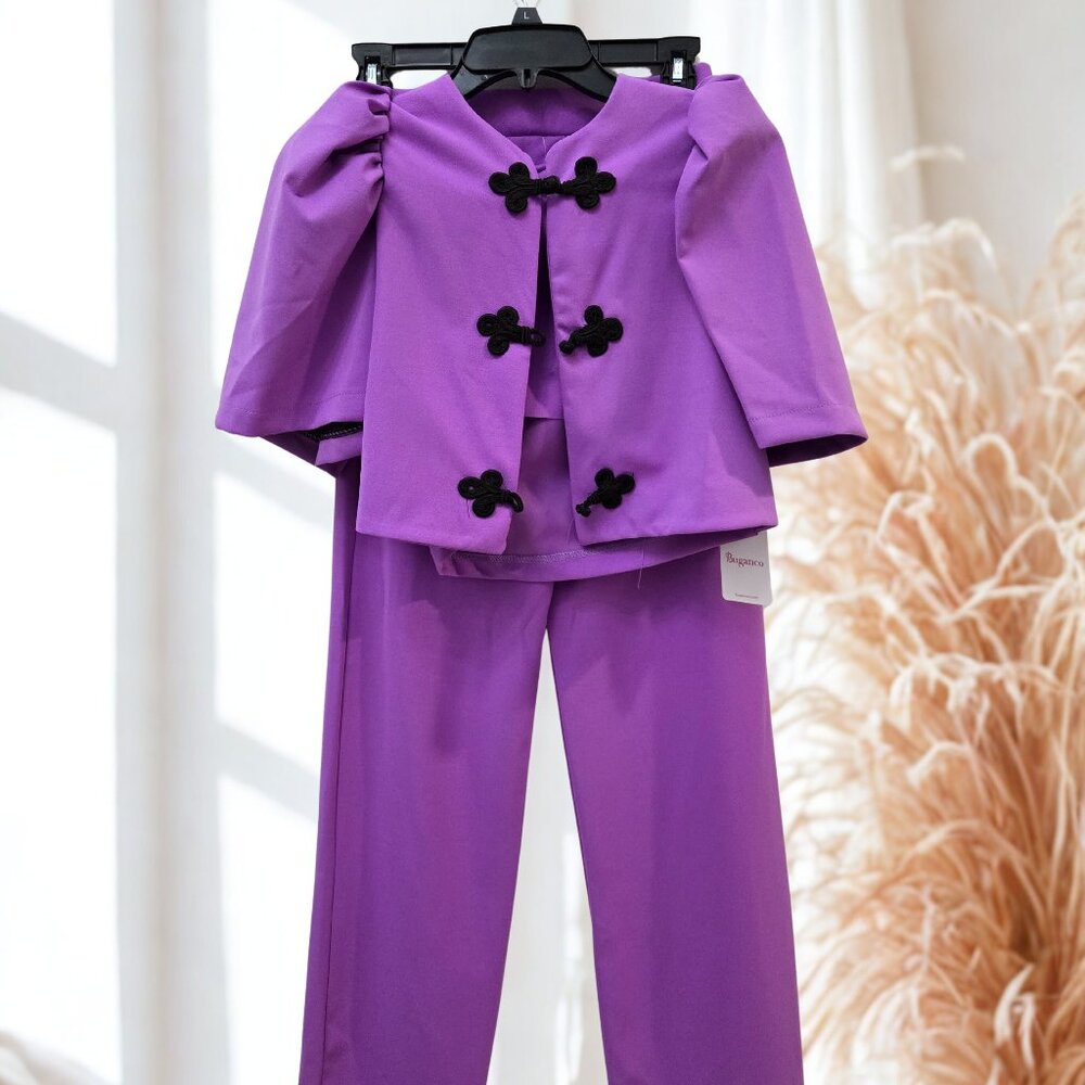 💜 Buganco Purple Two-Piece Set – Bow Accent Jacket & Trousers (NWT)